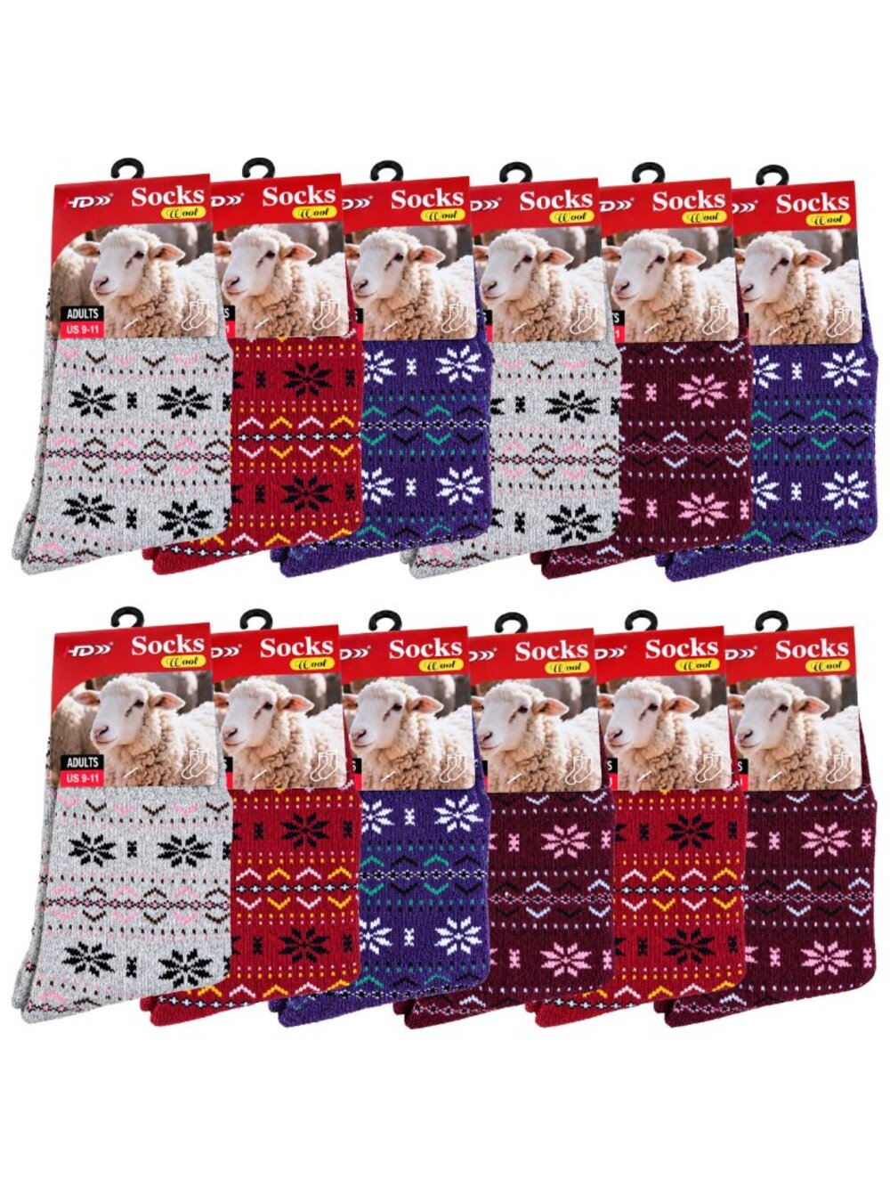 Women's Wool Socks 12-Pack Size 9-11 Warm Cozy Winter Crew Snowflake Print Gift